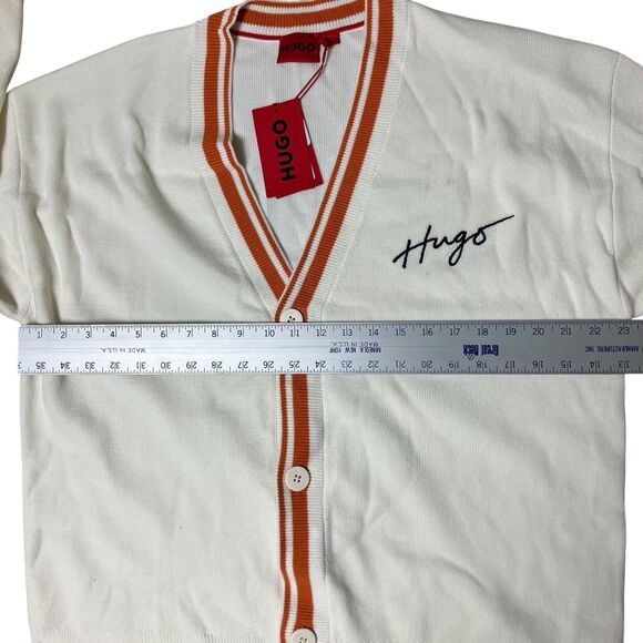 Hugo Boss Cardigan Mens Large Cream Wool Blend V-Neck Striped Preppy Ivy Varsity - Picture 6 of 12